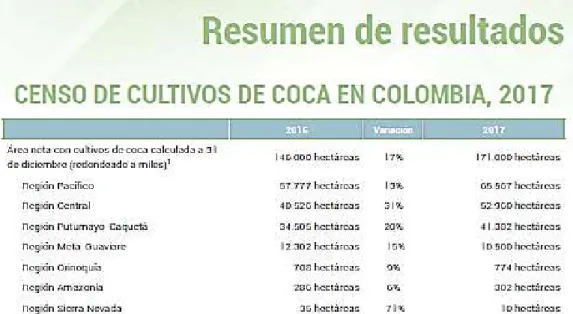 Tabla N.6 Resumen de resultados censo de cultivos de coca en Colombia por regiones. 