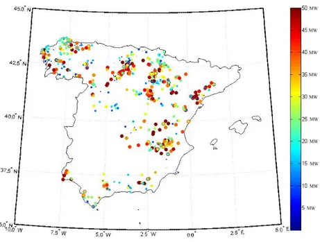 Figure 2.3: Map of wind installations in Spain by power 2.3.1.2 Solar Generation