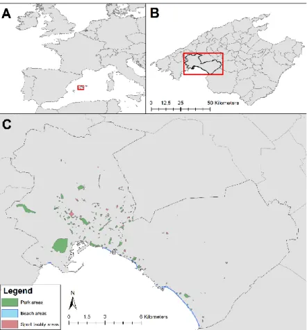 Figure 1.  Study  area  of  city  of  Palma  de  Mallorca,  with  location  of  the  Public  Open  Spaces:  parks  (green), beach (blue), sport facility (red)
