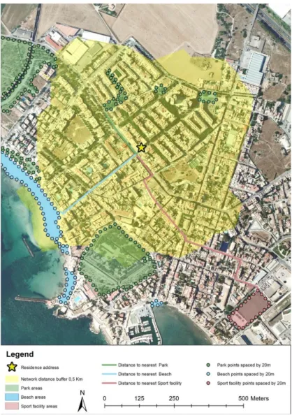 Figure 2. Example of exposure to public open spaces (POS). A 0.5 km network walkable street buffer  around of the residence address represented by the yellow area