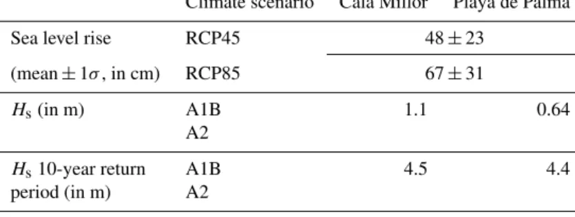 Table 1. Input condition of the model set-up under climate change scenarios for the two beaches