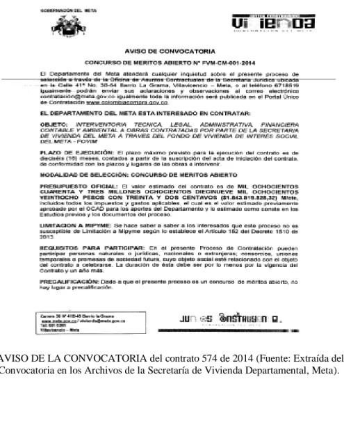 Figura 5: AVISO DE LA CONVOCATORIA del contrato 574 de 2014 (Fuente: Extraída del Aviso de  Convocatoria en los Archivos de la Secretaría de Vivienda Departamental, Meta)