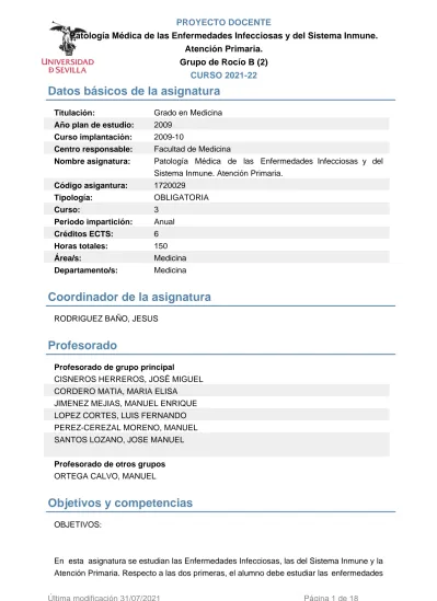 PROYECTO DOCENTE Patología Médica De Las Enfermedades Infecciosas Y Del ...