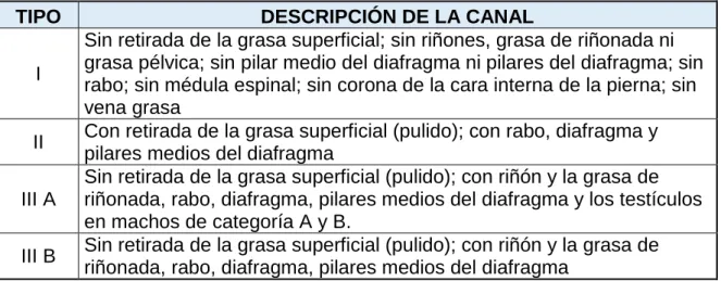 Tabla 6. Tipos de presentación de canales bovinas. 