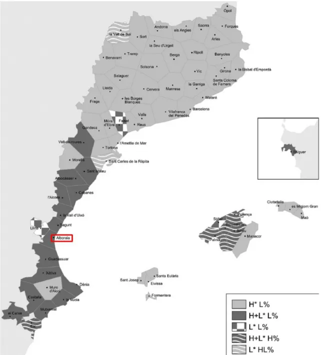 Figura 3: «Distribució geogràfica dels tipus de configuració tonal nuclear trobats en la  interrogativa objectiu parcial informativa 'Què li portaries?'» Imatge extreta de Prieto et al