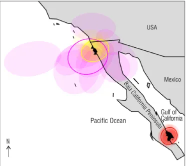 Figure 2. Results from Bayesian phylogeographic and ecological clustering  analysis  based  on  the  mitochondrial  control  region sequences  of  Squatina californica  from  the  Pacific  coast  of  the Baja  California  Peninsula  and  the  Gulf  of  Cal