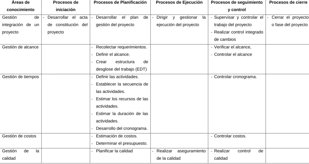 Tabla 2.1: Áreas de conocimiento Vs. Procesos 