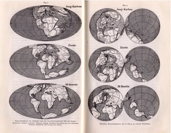 Figura 1.10. Il·lustracions extretes de l’obra Die Entstehung der Kontinente und Ozeane d’Alfred Wegener  de l’edició de 1929 on es representa la separació dels continents des del Carbonífer Superior al Quaternari Inferior.