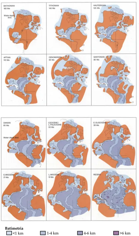 Figura 1.16. Paleogeografia i paelobatimetria del Nord Atlàntic i part de la Mar de Tetis Occidental durant l’era  Mesozoica i Cenozoica extreta del treball de Thiede (1979)