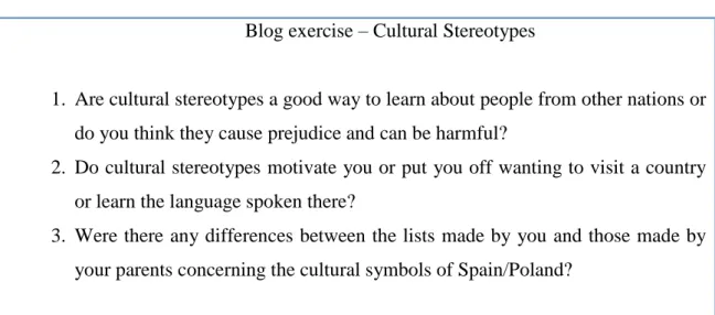 Figure 7 Blog exercise for unit 1 – Cultural Stereotypes 
