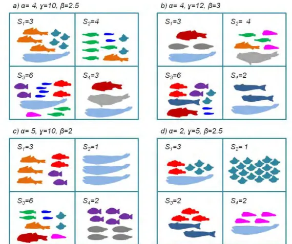 Figure 4.1: Examples of alfa (α), beta (β ) and gamma (γ) versions of species richness (S) for four communities of fish (a, b, c, d) with four samples each.