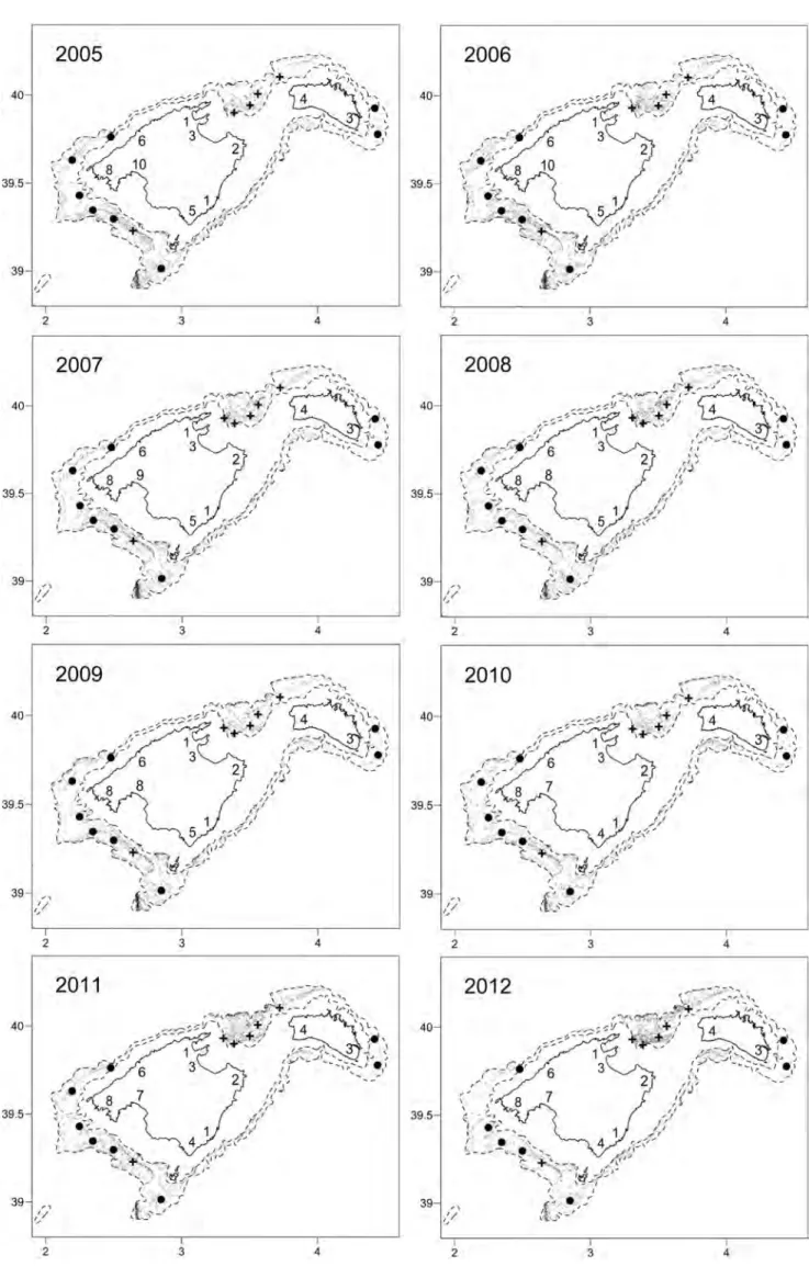 Figure 5.2: Vessel Monitoring by satellite System (VMS) signals and number of boats by port of the bottom trawl fleet of the Balearic Islands during the period 2005-2012