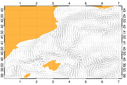 Figure 3.1: Snapshot of the surface velocity field of the Balearic Sea corre- corre-sponding to day 640 in the DieCAST simulation.