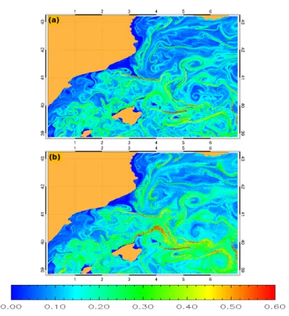 Figure 3.7: Snapshots of FSLEs calculated backwards in time starting from day 600 at fixed spatial resolution (δ 0 = 1/64 ◦ ), and at different α: a)α = 0, b) α = 10