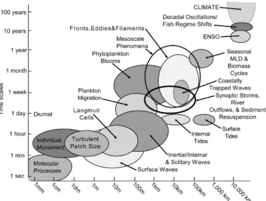 Figure 1.1: Time and space scales of oceanic processes. Adapted from [3].