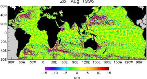 Figure 1.3: Global map of SSH on 28 August 1996 constructed from the merged T/P and ERS-1 data after spatially high-pass filtering with