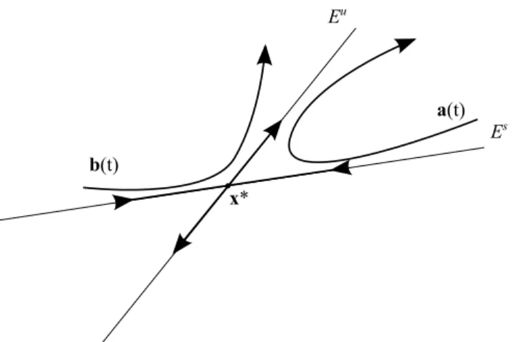 Figure 2.1: Stable E s and unstable E u invariant subspaces of a fixed point x ∗ in 2d phase-space