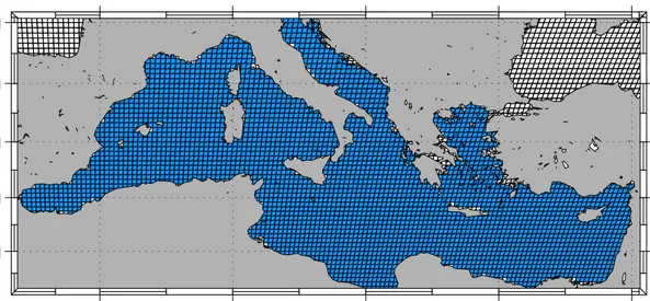 Figure 2.3: Discretization of the Mediterranean sea (blue region) into N = 3270 equal-area boxes {B i , i = 1, ..., N}.