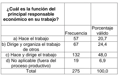 Tabla 9. Frecuencia función del principal responsable económico en el trabajo  