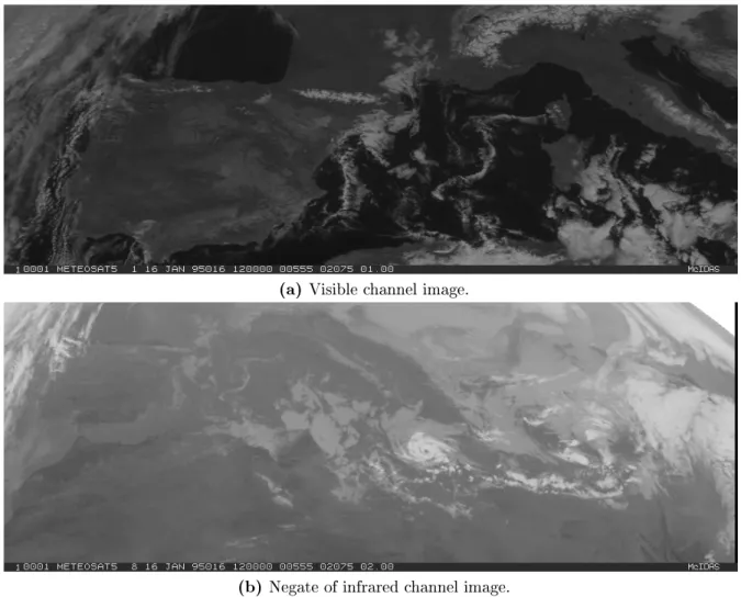 Figure 2.2.1: Meteosat image examples of January 16, 1996, at 12 UTC: a) Visible channel (western Mediterranean); b) Infrared channel (whole Mediterranean area); and c) Water Vapor channel (whole Mediterranean area).