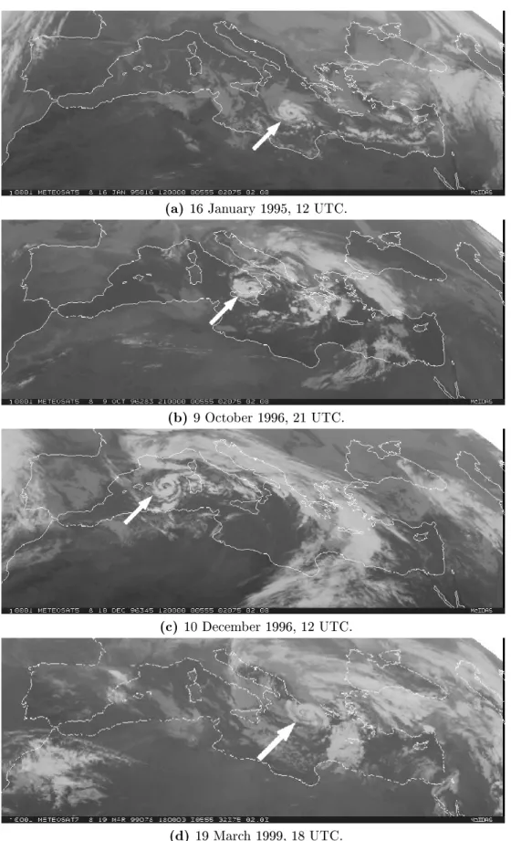 Figure 2.3.2: Examples of medicanes as seen in the IR channel of Meteosat satellite (taken from Table 2.1)