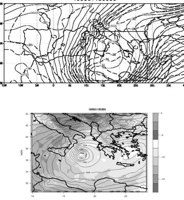 Figure 4.1.1: M06 event. Top: Geopotential height (gpm, continuous lines) and temperature (°C, dashed lines) at 500 hPa on January 15th 1995 at 00 UTC