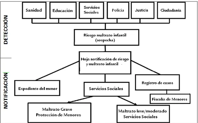 Figura  3.  Esquema  sobre  la  detecció i  notificació  en  cas  de  sospita  de  maltractament infantil