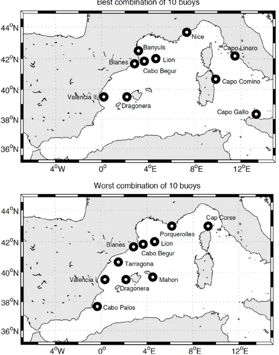 Figure  2.12.  Maps of boys corresponding to the best (above) and worst (below)  combination of 10 buoys, in terms of RMS reduction