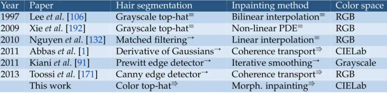 Table 7.1 contains a summary of the techniques classified according to their segmentation and inpainting strategy.