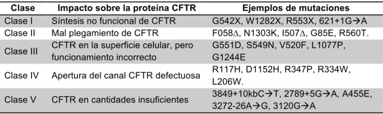 Tabla 2. Mutaciones del gen cftr y sus efectos. 