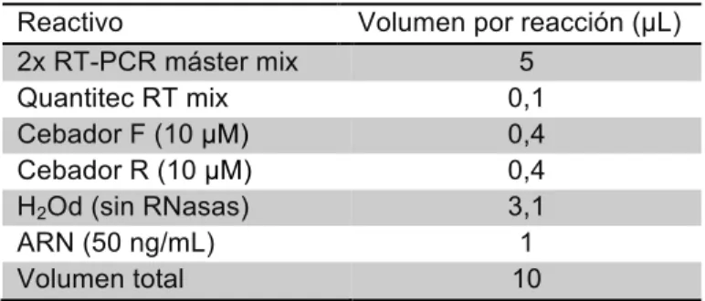 Tabla 4. Componentes y cantidades en la reacción de RT-PCR. 