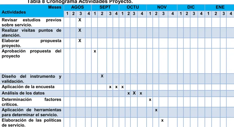 Tabla 8 Cronograma Actividades Proyecto. 