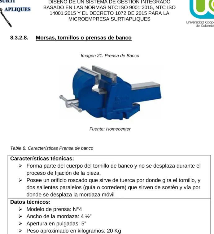 Tabla 8. Características Prensa de banco 