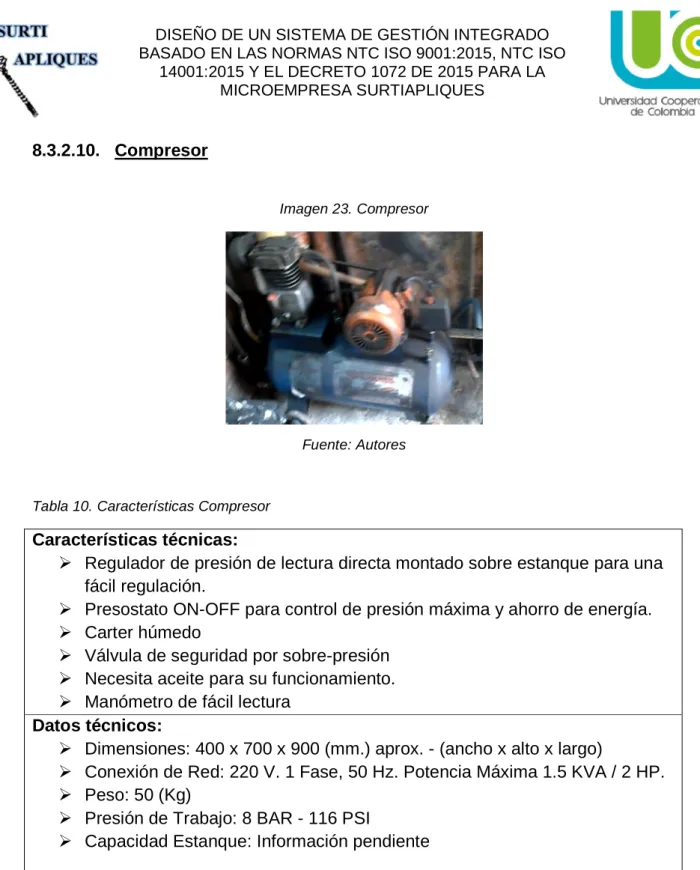 Tabla 10. Características Compresor 