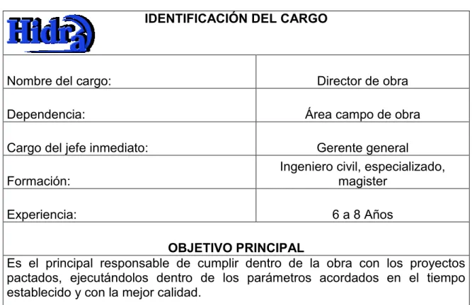 Cuadro 7. Manual de funciones para el cargo Director de Obra 