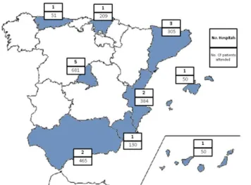 Figure  3.1.  Geographical  distribution  of  the  participating  hospitals  and  number  of  CF  patients attended