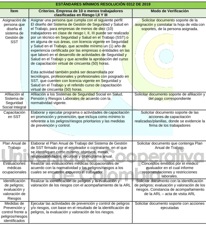 Tabla 4 Requisitos mínimos Resolución 0312 de 2019 