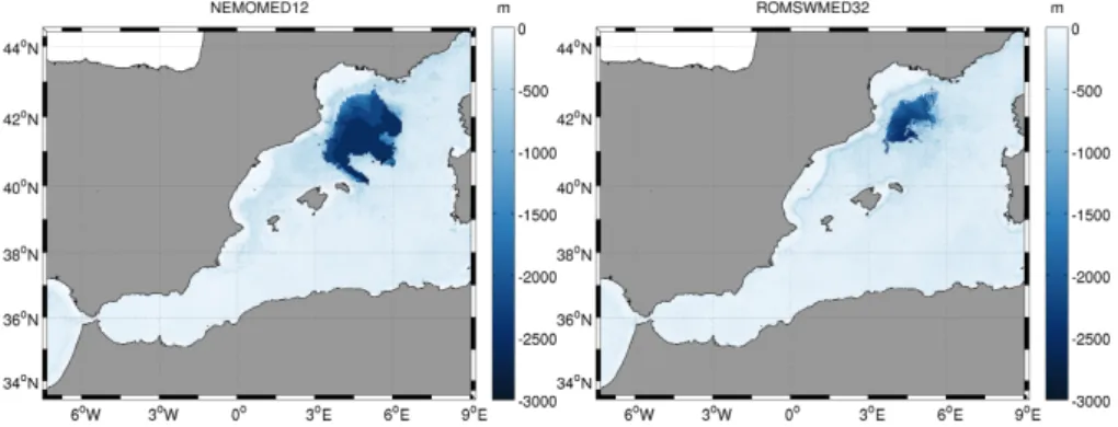 Figure 4.11: Spatial distribution of the maximum of the MLD in the basin for NEMOMED12 (left) and the ROMSWMED32 simulation (right).