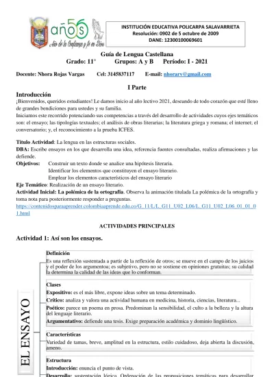 Guía De Lengua Castellana Grado 11 Grupos A Y B Período I Actividades Principales 1589