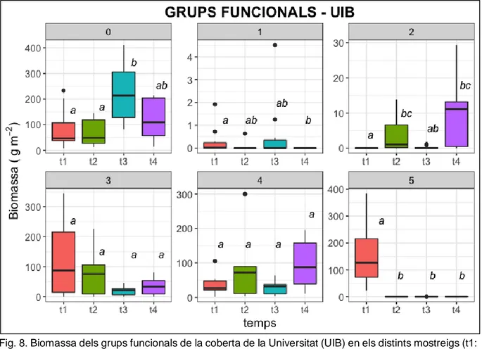 Fig. 8. Biomassa dels grups funcionals de la coberta de la Universitat (UIB) en els distints mostreigs (t1: 