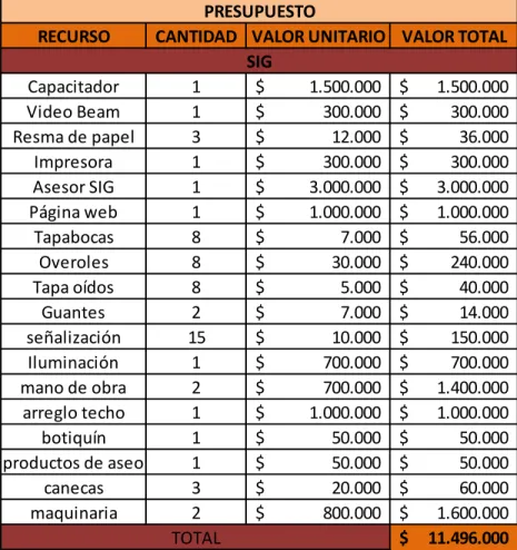 Tabla 6 Presupuesto de SIG 
