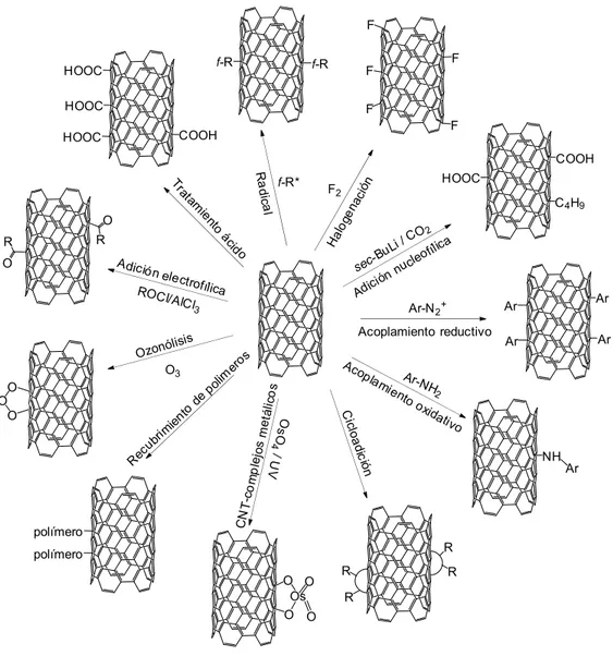 Fig. 1.1. Representación gráfica de la funcionalización de nanotubos de carbono. 