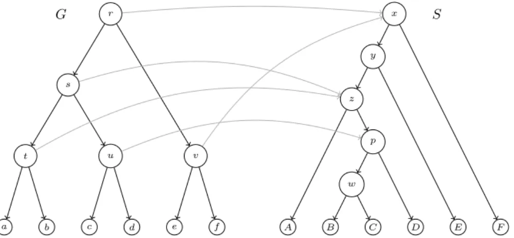 Figure 1.17: LCA mapping between a gene tree G and a species tree S.