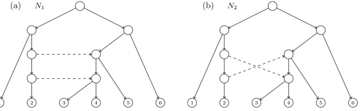 Figure 3.7: Two phylogenetic networks where condition (a) in Definition 3.1 fails and both networks have the same reduced principal subtree and also the same reduced secondary subtrees.