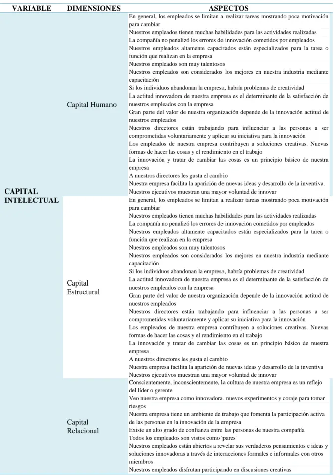 Tabla 1. Elementos considerados en la variable Capital Intelectual 