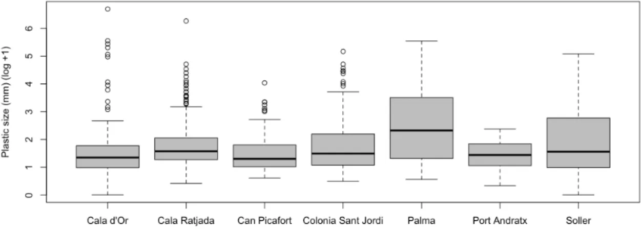 Figure 7 Boxplot summary of the abundance of sizes for the plastic particles collected at each of the seven  sampling locations