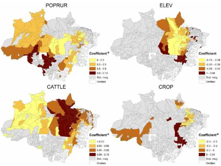 Figure 1. Spatial distribution of local coefficients of selected variables. Stars in the legends indicate that the coef- coef-ficients are multiplied by  1000