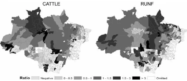 Figure 2. Comparison of GWR beta estimates under straight line and travel time distances for cattle ranching (left) and unofficial road network (right)
