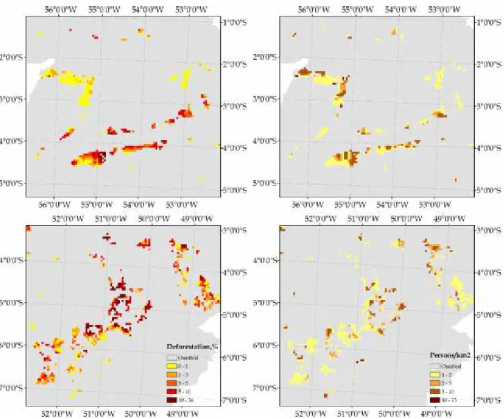 Figure 5. Spatial distribution of deforestation and population on forest frontiers in Pará during 2010-2014