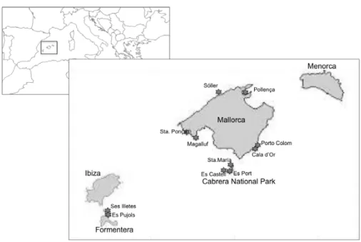 Figure 1.1. Location of the sampling sites in the Balearic Islands. 